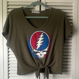 Olive Grateful Dead Graphic Tie-Front Top